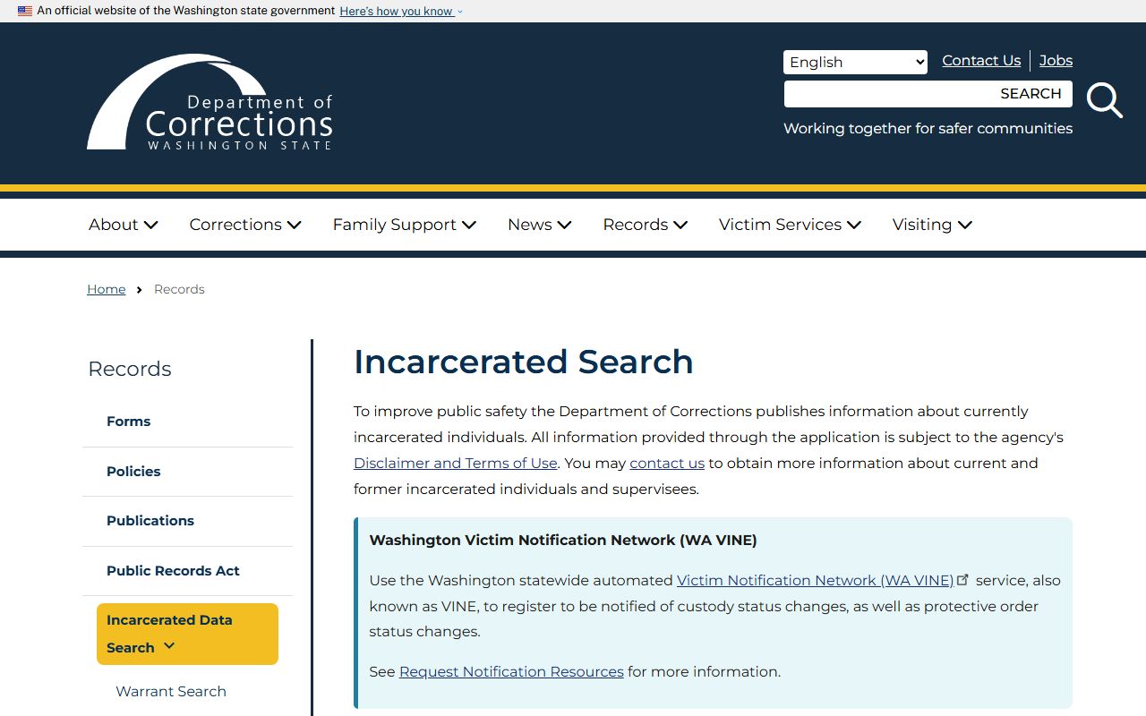 Washington DOC incarcerated individual search form