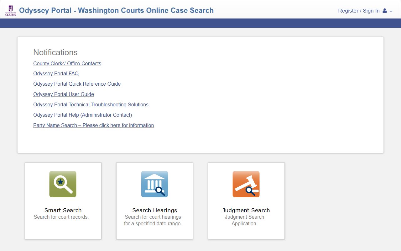 Odyssey Portal court-record search interface for Washington cases