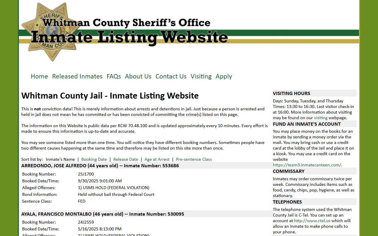 Whitman County Jail inmate listing for Garfield County inmate roster searches