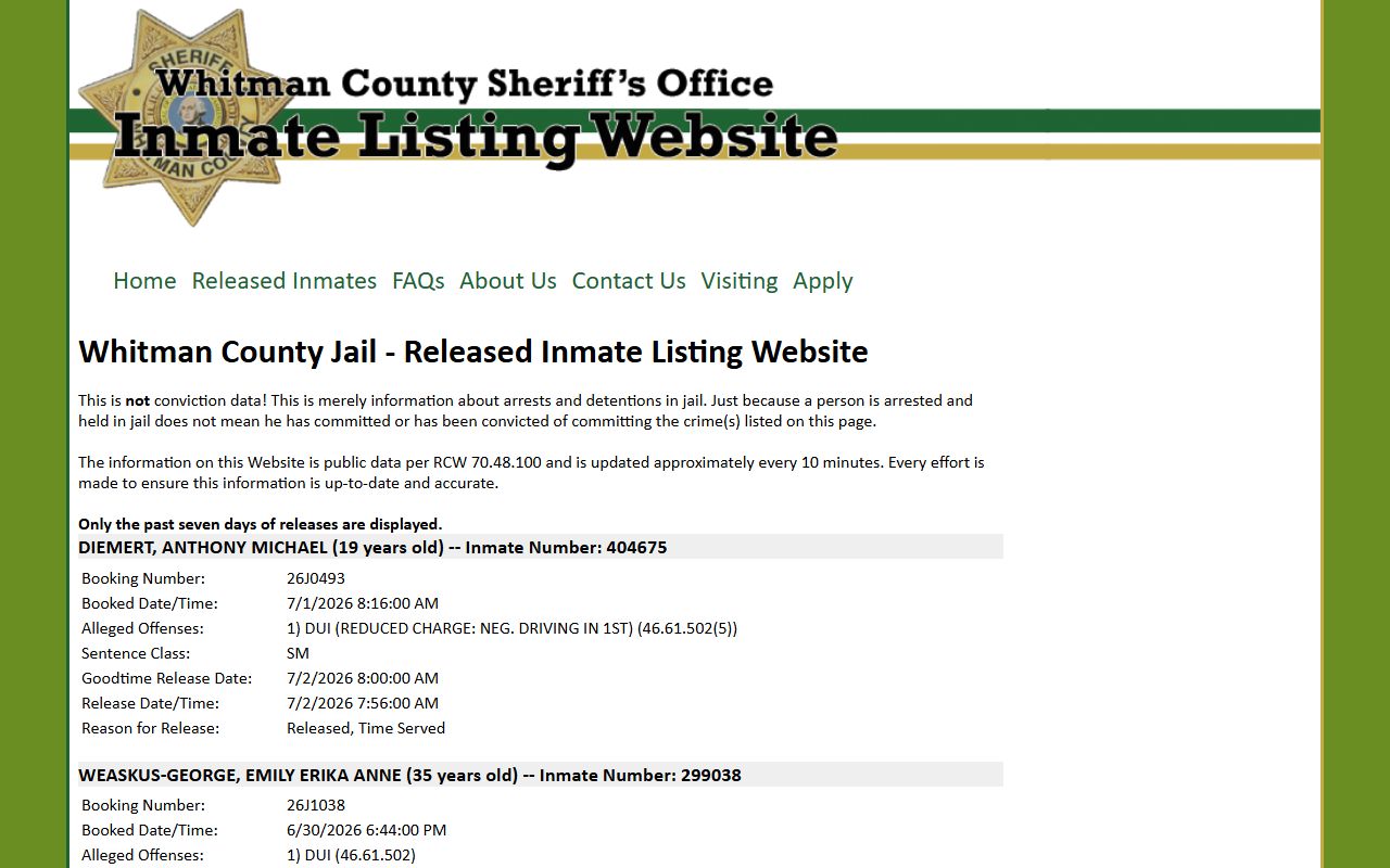 Whitman County Jail released inmate archive page